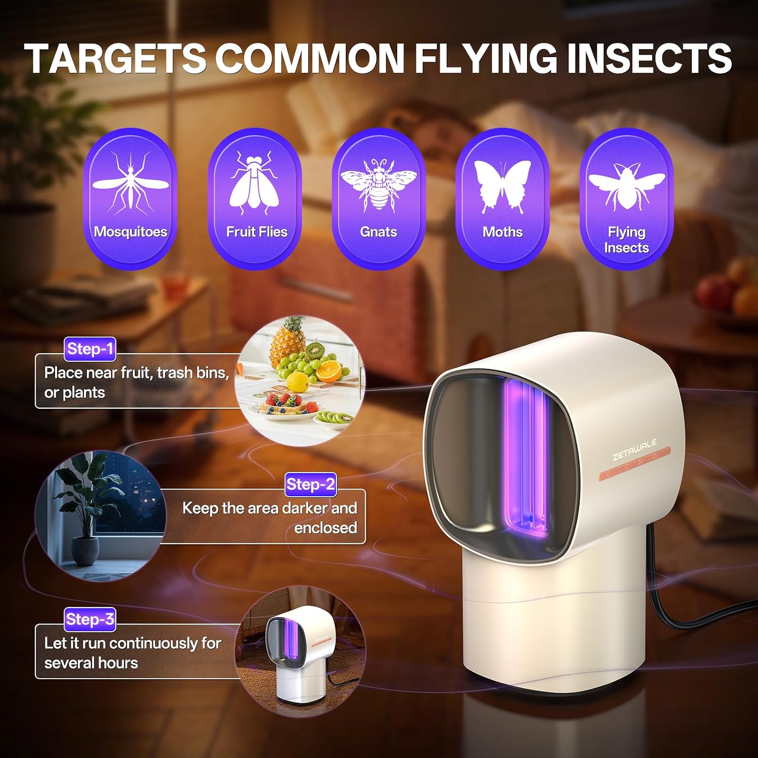 Fruit Fly Traps for Indoors, Gnat and Insects Catcher for House with UV Light, Heat Lure, Fan Suction, Ideal for