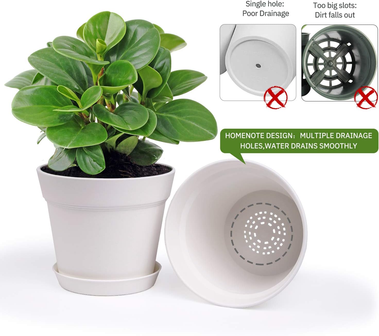 6 Inch Plastic Plant Pots with Drainage Holes and Trays (15 Pcs) | Cream white finish suits orchids, succulents, herbs