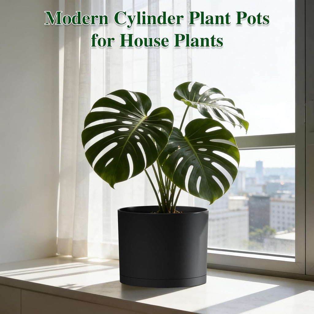 Plant Pots, 10/9/8 Inch 3 Pack Cylindrical Flower Pots with Drainage Holes and Saucers, Plastic Planters for Outdoor