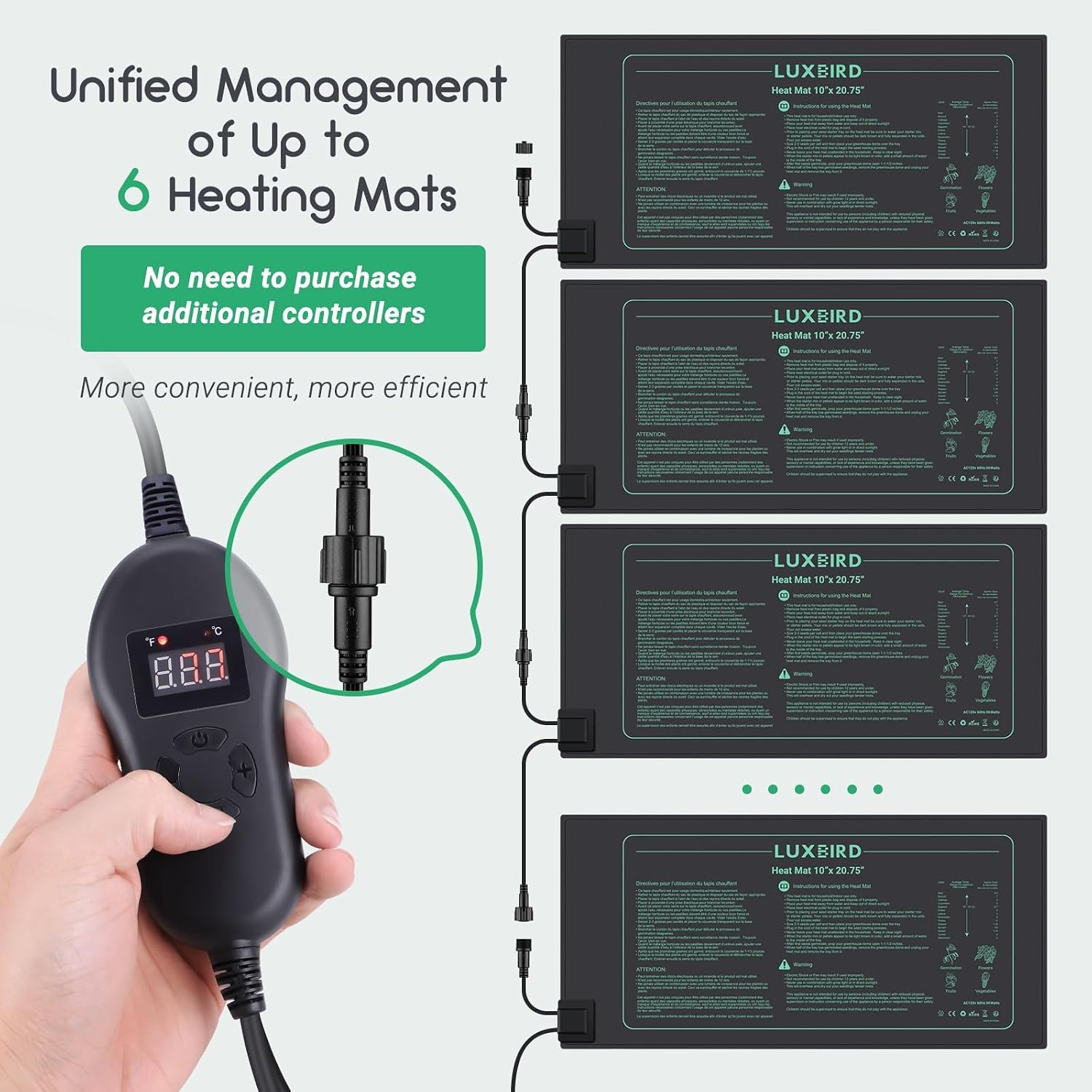 LUXBIRD 4 Pack Seedling Heat Mats with Digital Thermostat Controller, 10" x 20.75" Waterproof for Seed Starting