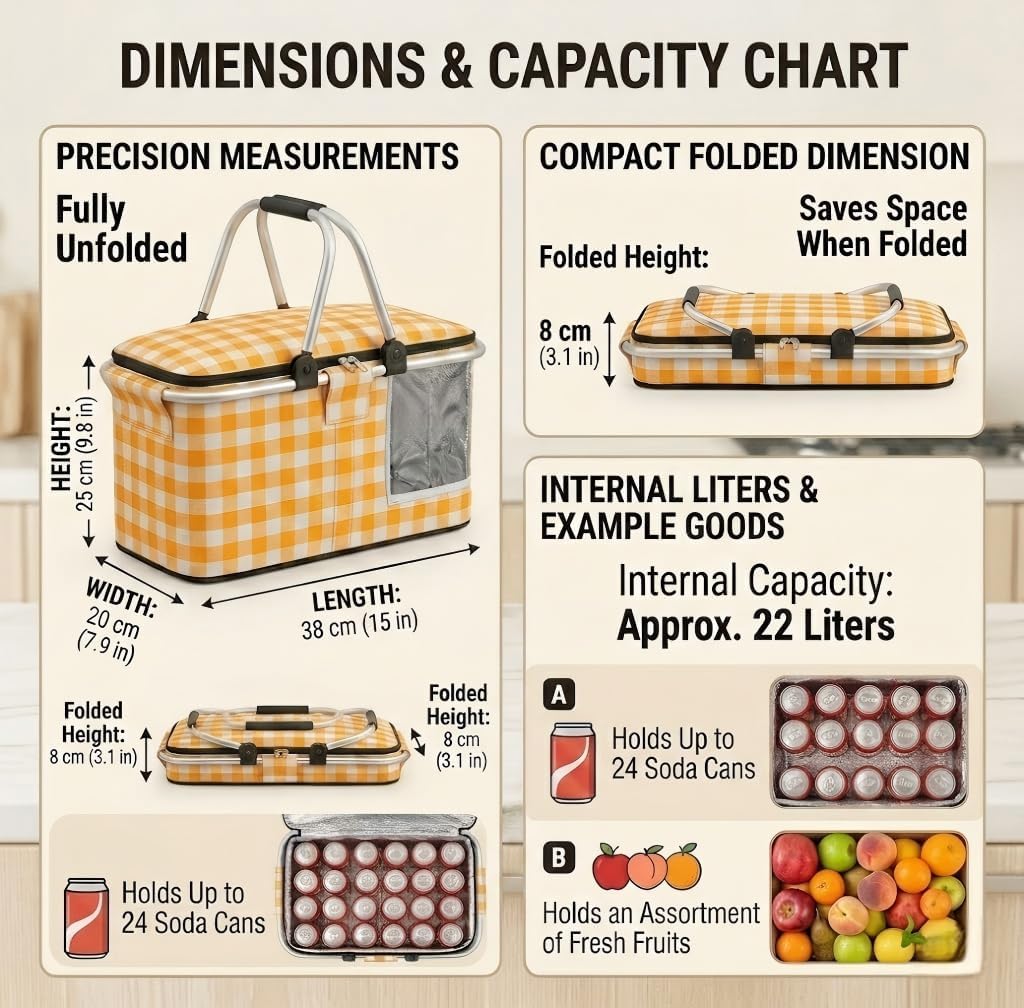 22L Collapsible Picnic Basket with Waterproof Blanket - Insulated Cooler Bag & Yellow Plaid Hamper Set - Includes