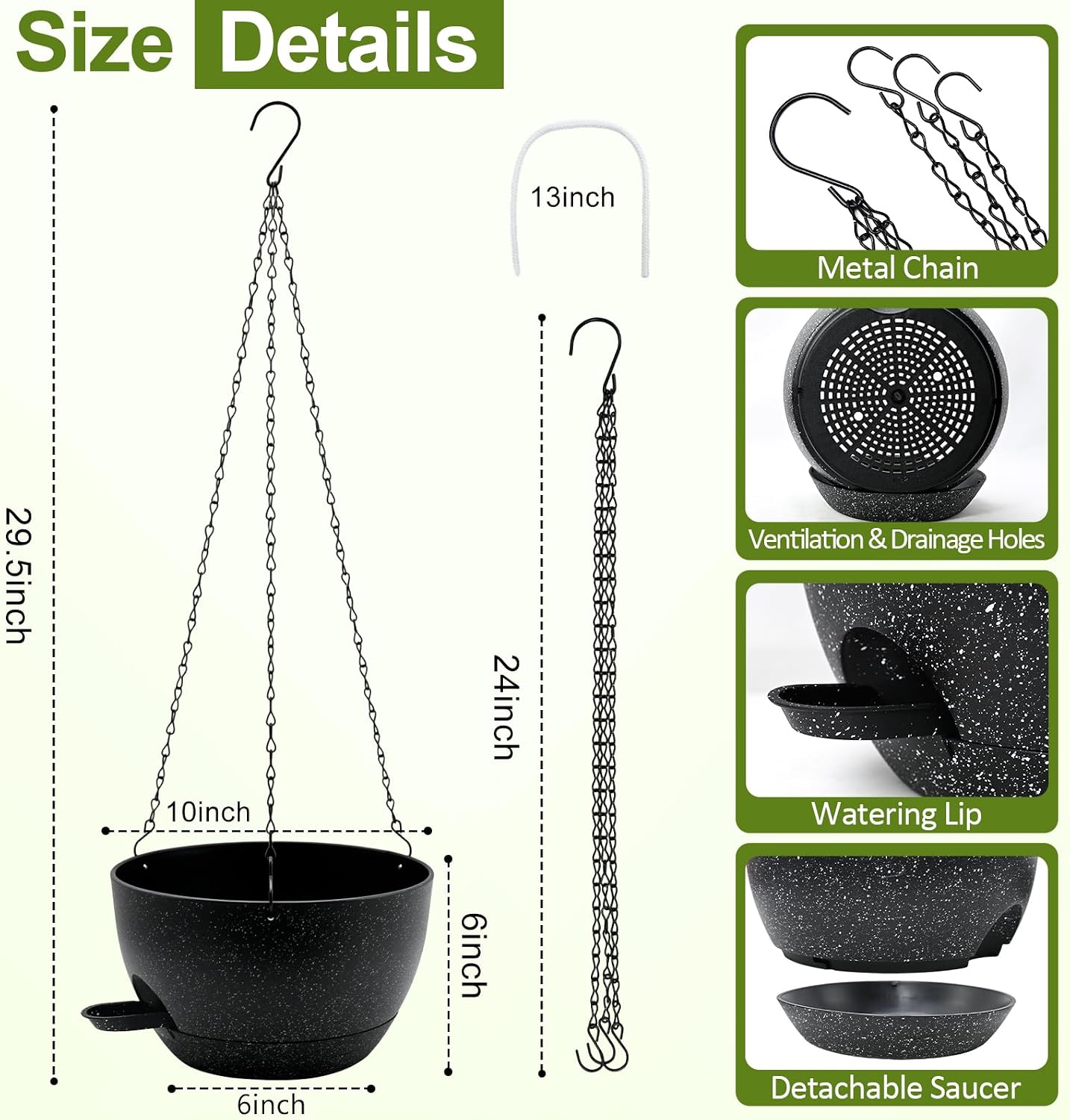 WOUSIWER Self Watering Hanging Planters, 2 Pack 10'' Plastic Pots with Drainage Holes & Reservoir Tray (Speckled Black)