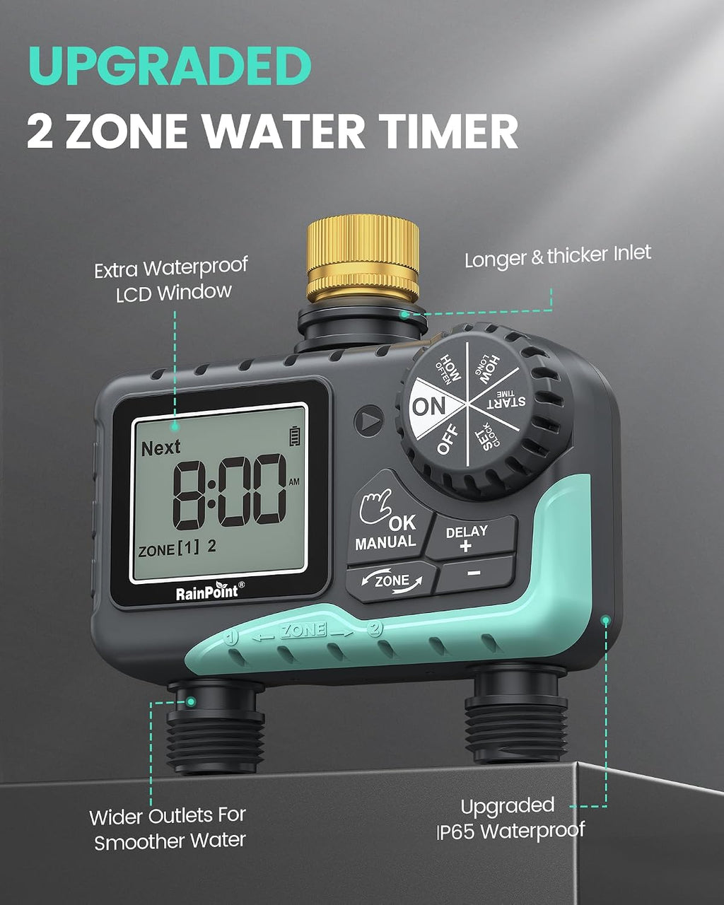 RAINPOINT Sprinkler Timer 2 Outlet, Water Timer for Garden Hose, Programmable Drip Irrigation for Yard Outdoor