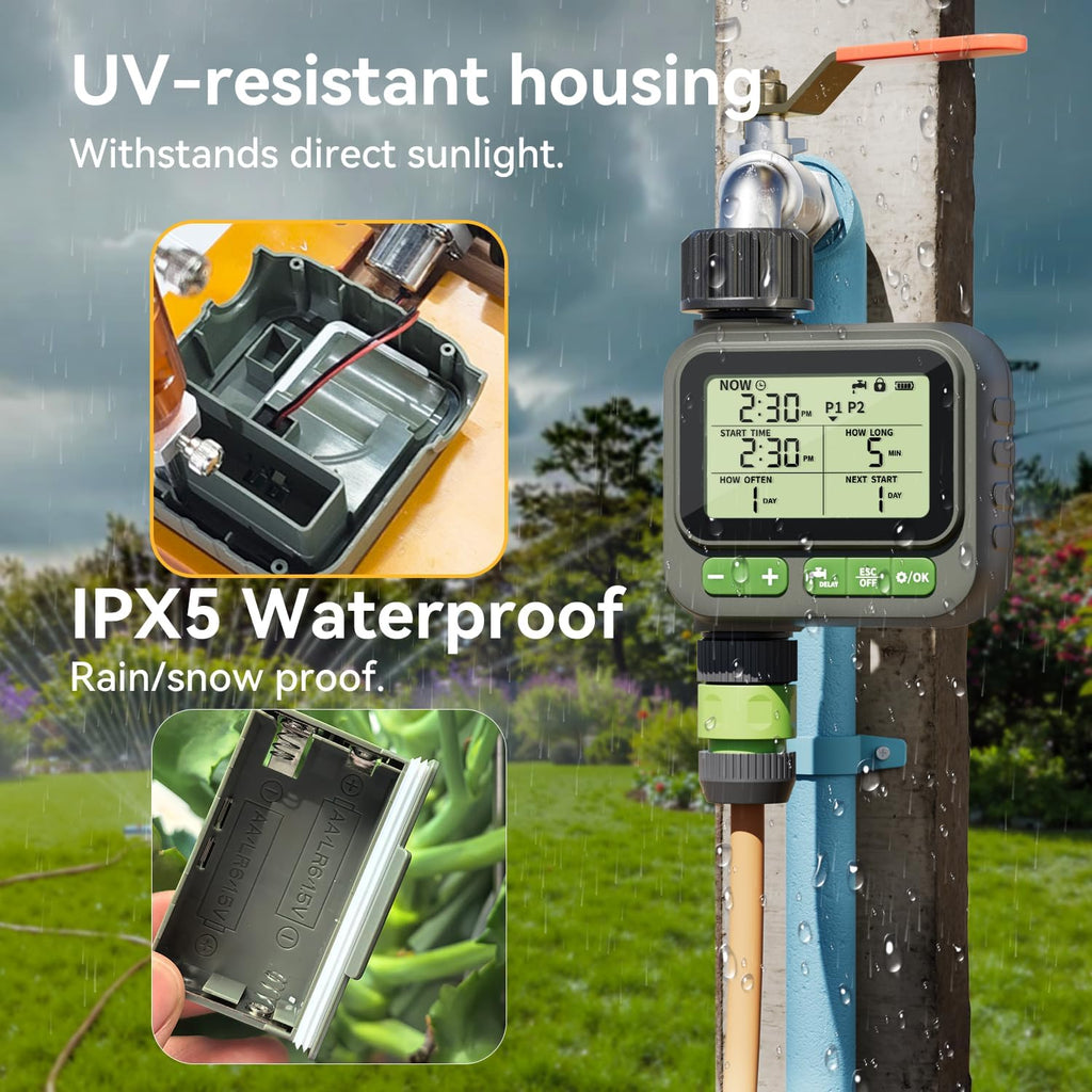 Sprinkler Timer for Garden Hose, Programmable Water Timer with 4 Custom Plans, Rain Delay & 2-Way Splitter, Digital