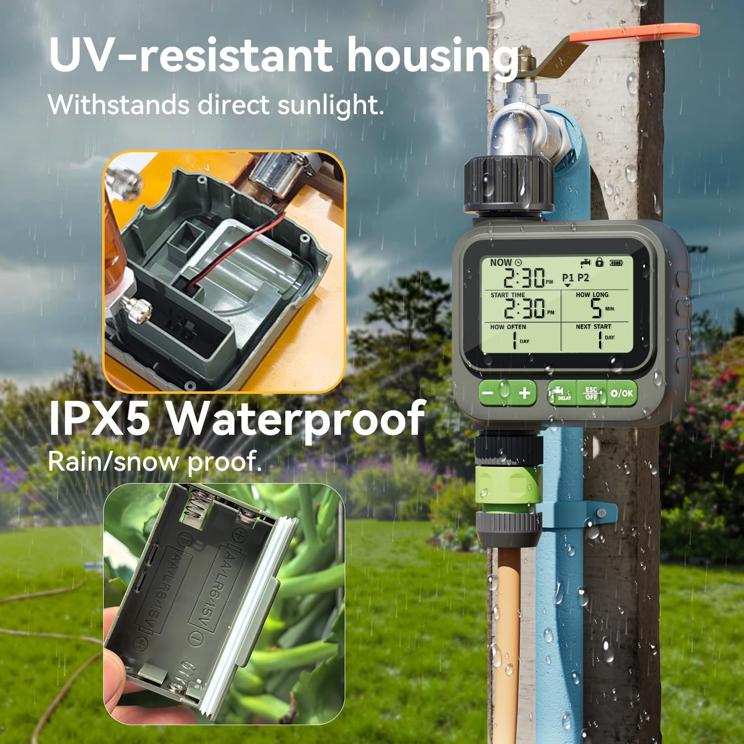 Sprinkler Timer for Garden Hose, Programmable Water Timer with 4 Custom Plans, Rain Delay & 2-Way Splitter, Digital