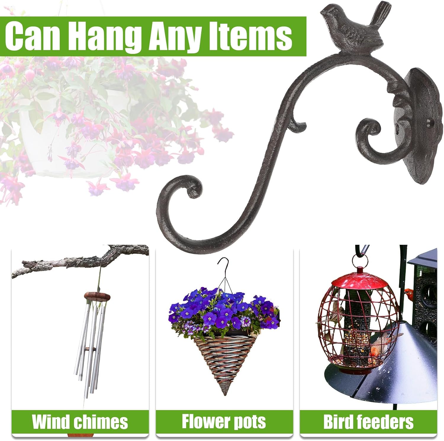 2 Pcs Cast Iron Plant Hangers Outdoor 10" Heavy Duty Hanging Basket Brackets Lovely Bird Shape Decorative Wall Hangers