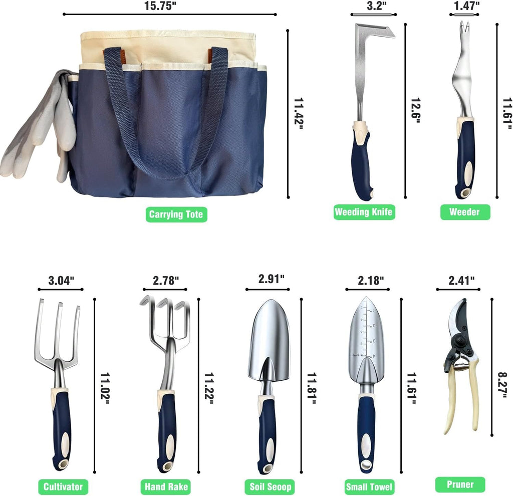 Gardening Tool Set, 10-Piece Heavy-Duty Aluminum Garden Tools with Non-Slip Handles and Large Tool Bag with Storage