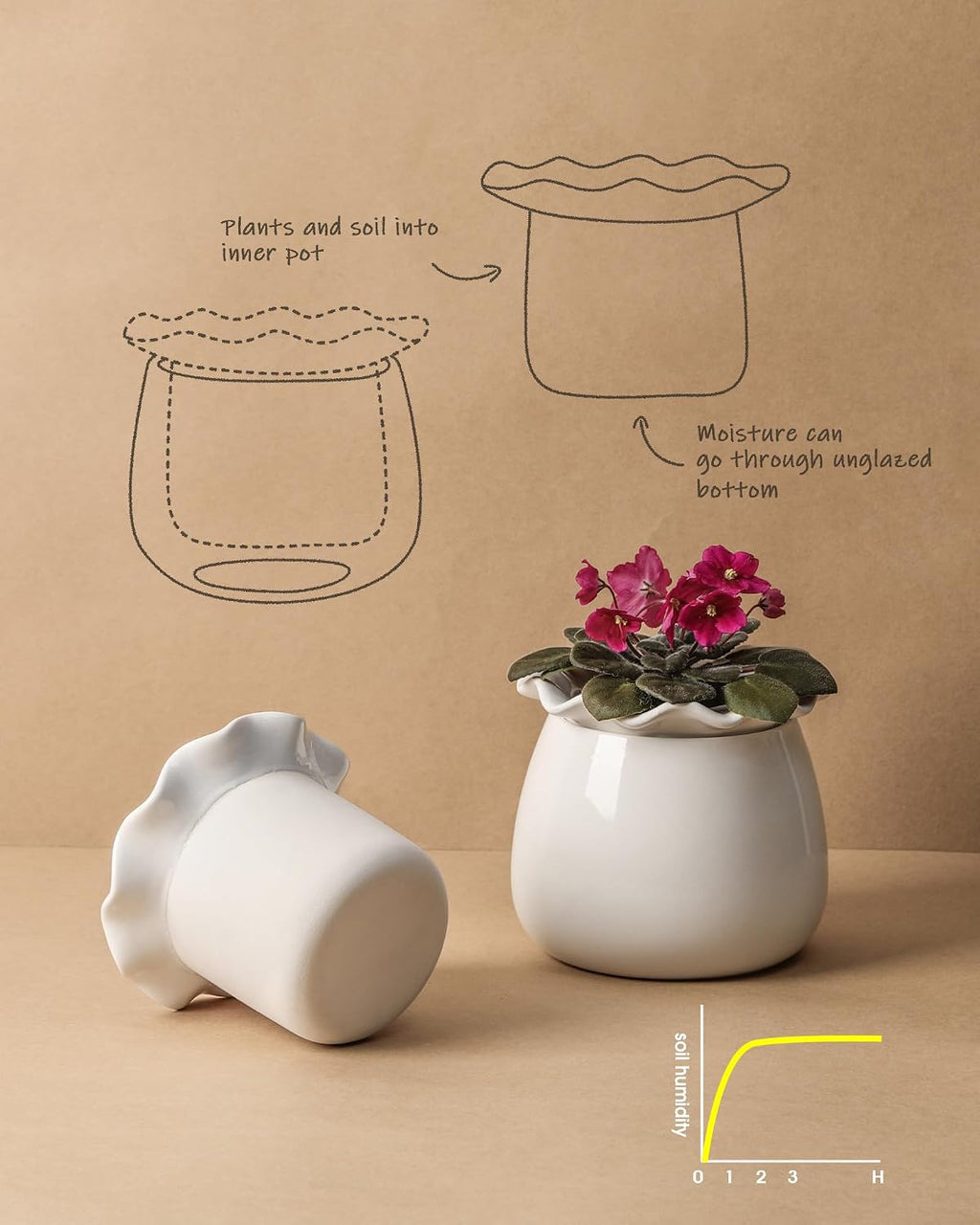 Fayoula Self Watering Plant Pot, 6 Inch African Violet Pots Maintenance, Ceramic Self-Watering Planter for Indoor