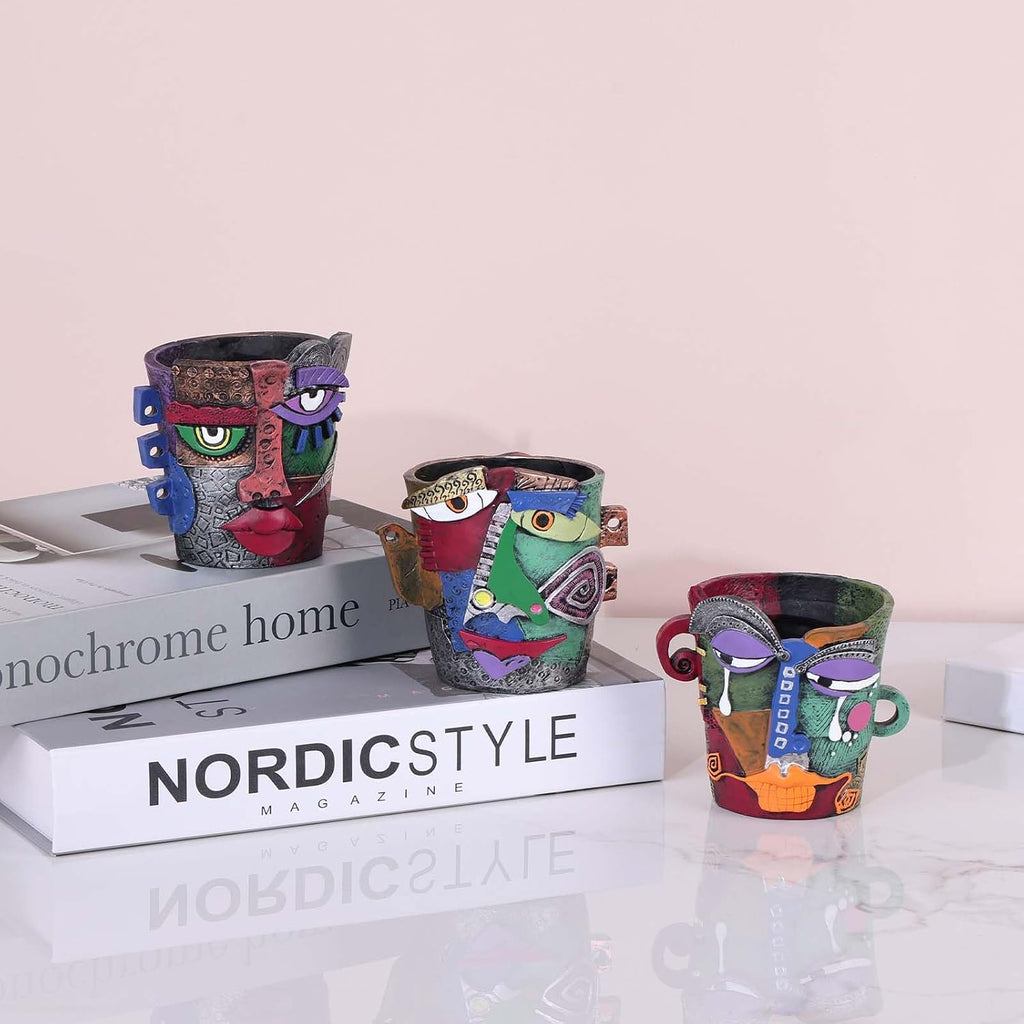 Mini Face Planters 3PC Set – Unique Resin Art Flower Pots for Succulents, Cacti & Small Plants – Decorative Funny Plant