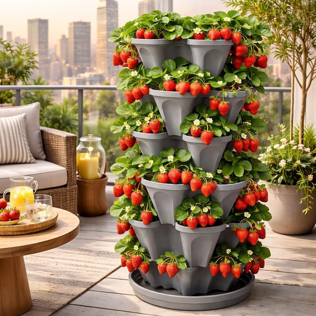 5-Tier Stackable Strawberry Garden – 24 Quart Indoor / Outdoor Stacking Planter with Drip Saucer – Grow Herbs