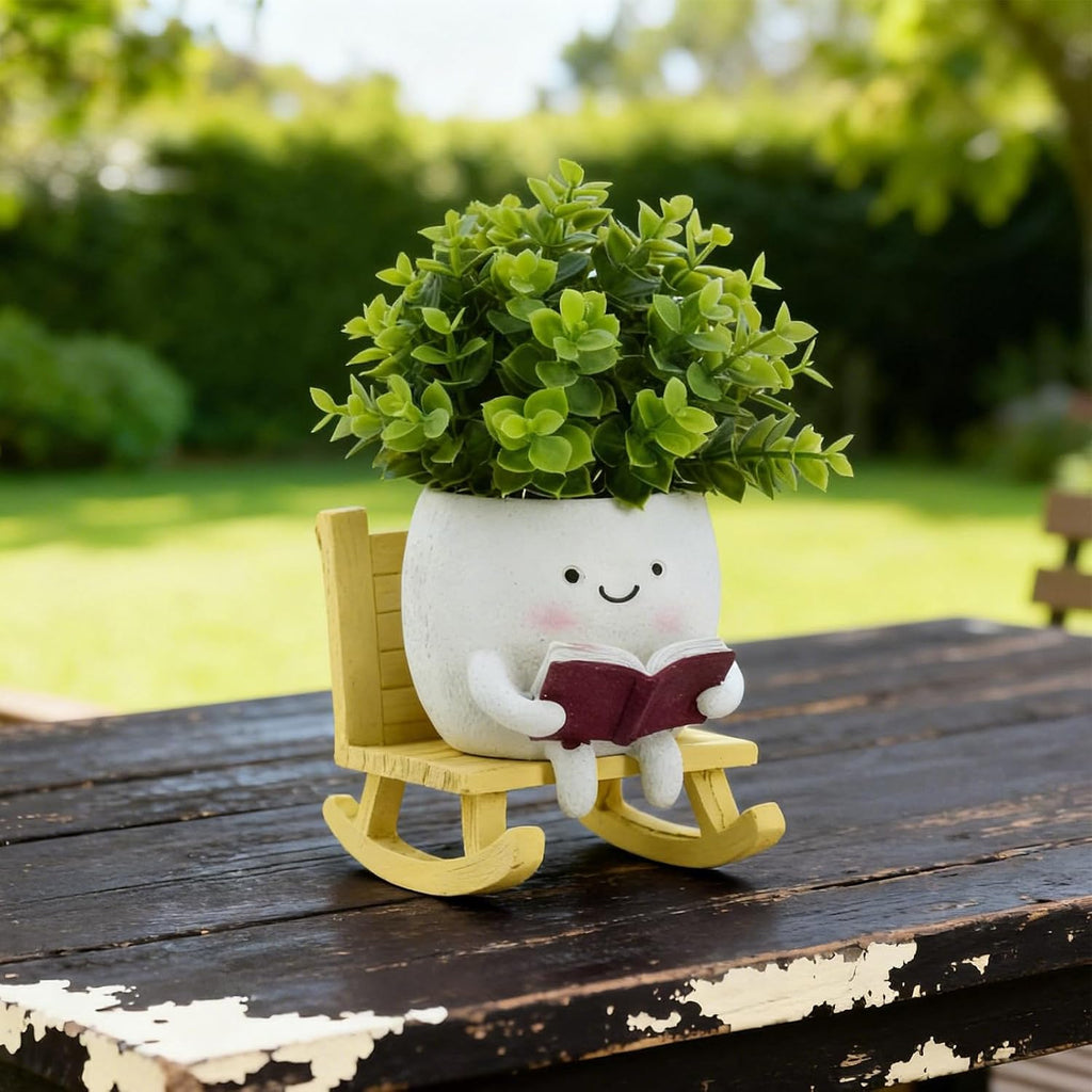 Smiley Face Planter Pot, Cute Resin Head Planter with Drainage Hole, Unique Rocking Chair Succulent Pot for Indoor