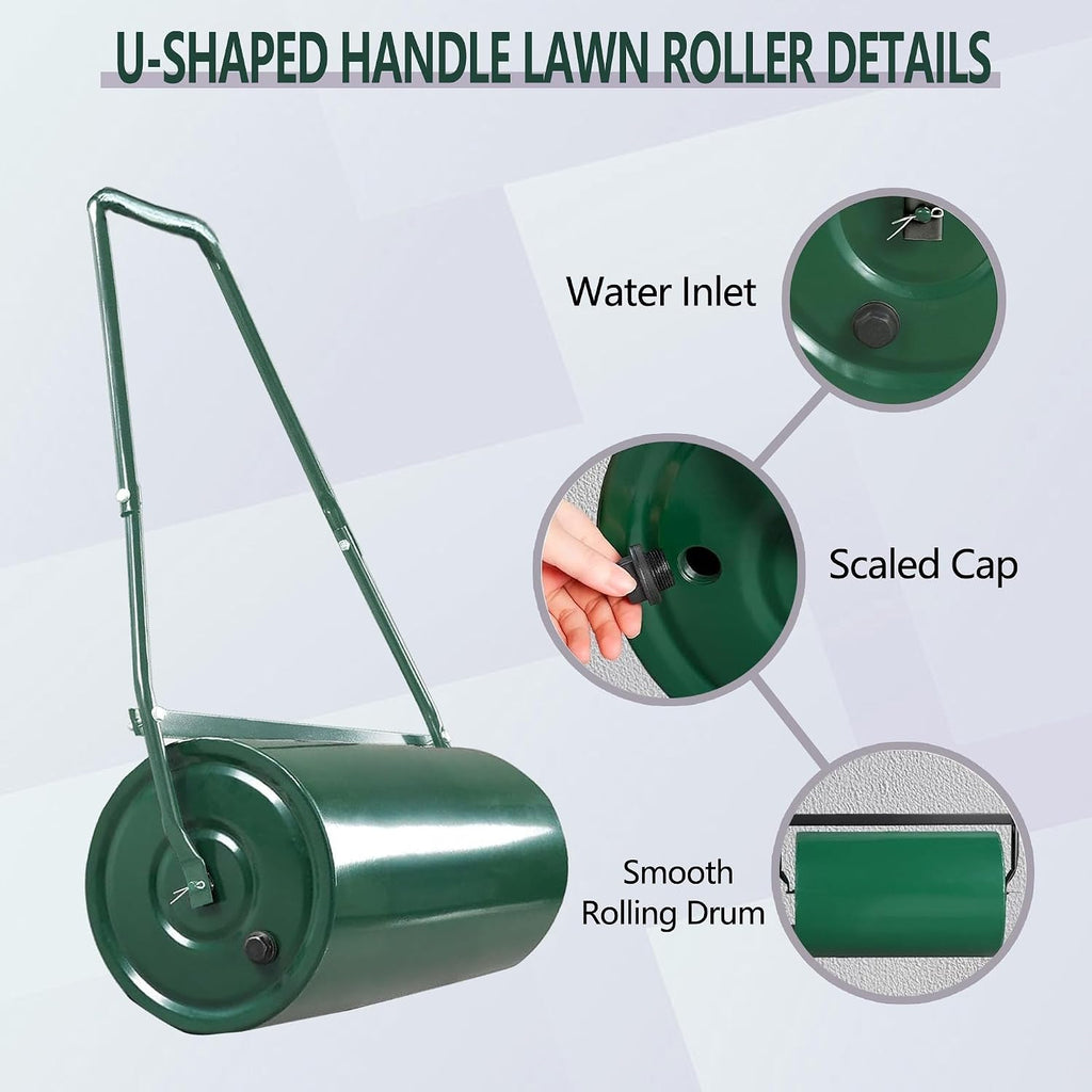 Tow-Behind Garden Lawn Roller, 9.5 Gallon, Heavy Duty Steel with u-Handle, Water/Sand Fillable – Perfect for Leveling