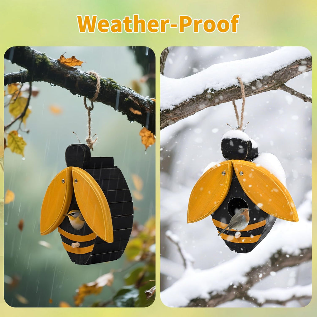 Bird Houses for Outside, Bee-Shaped Birdhouse Attracts Wild Birds (Bluebirds, Finches, Cardinals), Durable Wood Bird