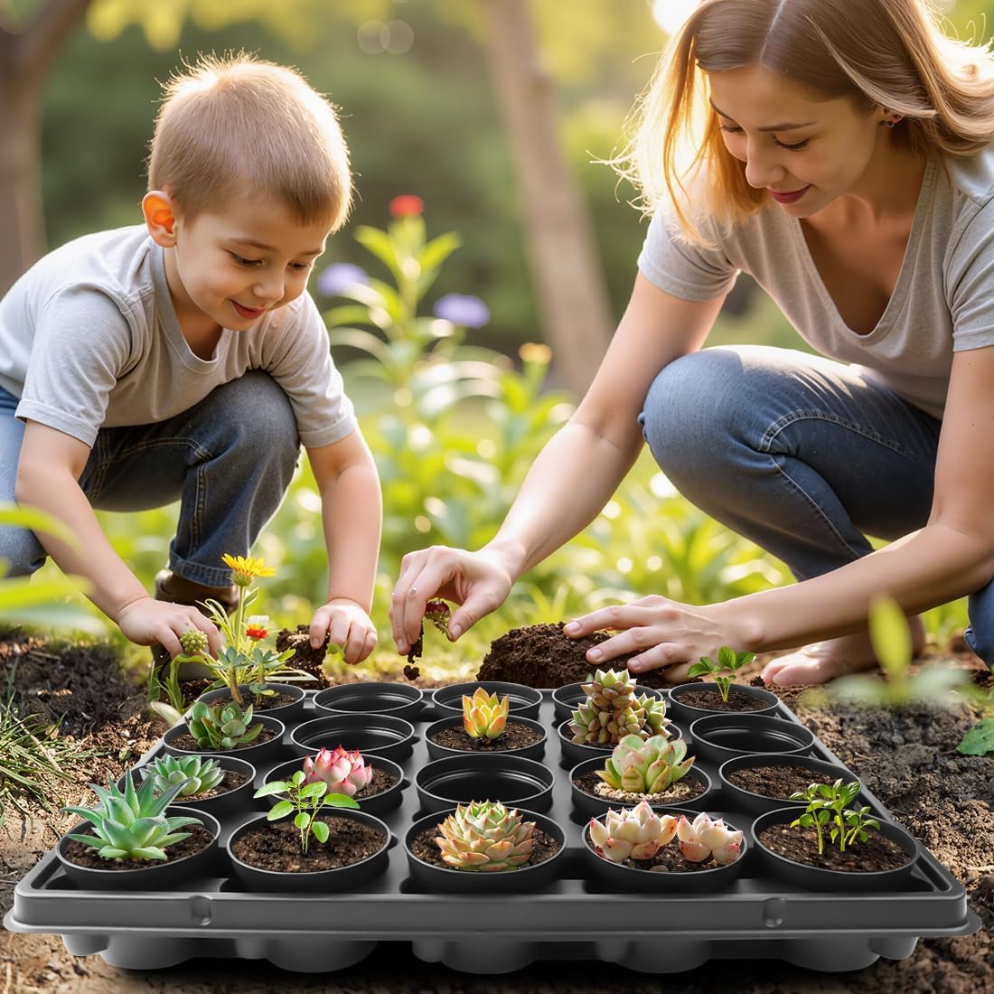 RooTrimmer 3 Inch Plastic Plant Pots 100 Pcs with 5 Pcs 20 Cell Seed Starter Trays, Thick Black Small Nursery Pots and