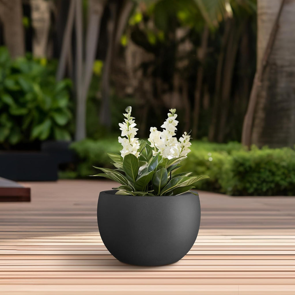 Kante Small Round Bowl Black Concrete Planter 11.8" Dia, Outdoor | Rubber Plug for Indoor, Drainage for Garden
