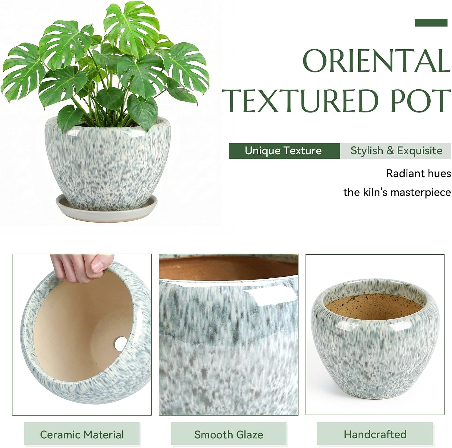 8.3 Inch Ceramic Planter with Saucer Leak-Proof Mesh &Drainage, Round Plant Pot with Gardening Gloves for Indoor