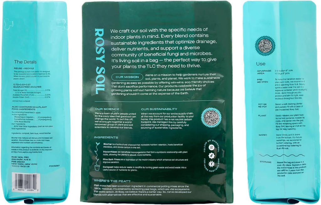 Rosy Soil Houseplant Potting Soil, Organic Indoor Potting Mix, 8 Quarts | Biochar and Worm Castings, For Monstera