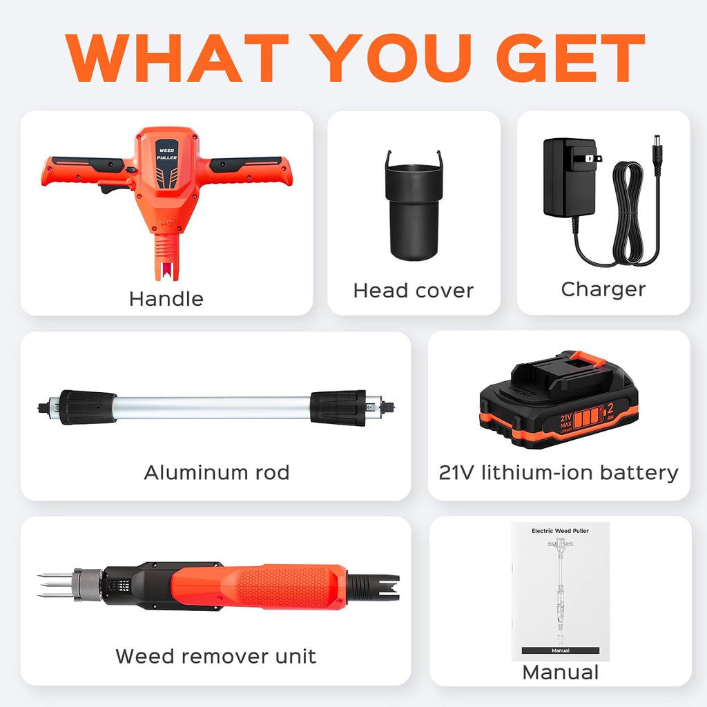 Weed Puller Tool, 21V Powerful Garden Tools Electric Weeder Tool, Orange | Weed Remover Tool with 2.0Ah Battery and