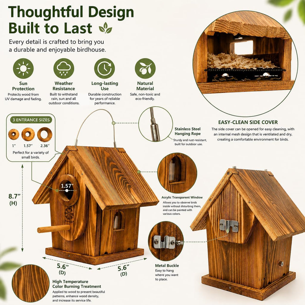 Bird House Kit for Kids & Adults, DIY Cedar Birdhouse with Paint | Mortise & Tenon, Carbonized Cedar, 3 Entrance Sizes