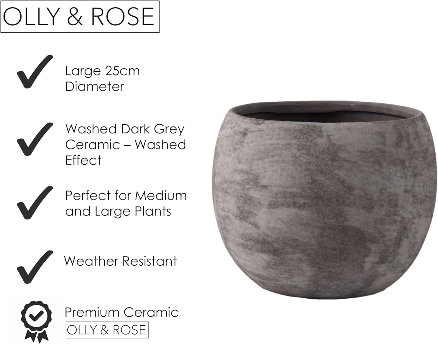 Olly & Rose Charcoal Grey Black Plant Pot 10 Inch Large Textured Washed Finish Outdoor and Indoor Plant Pot Planter for