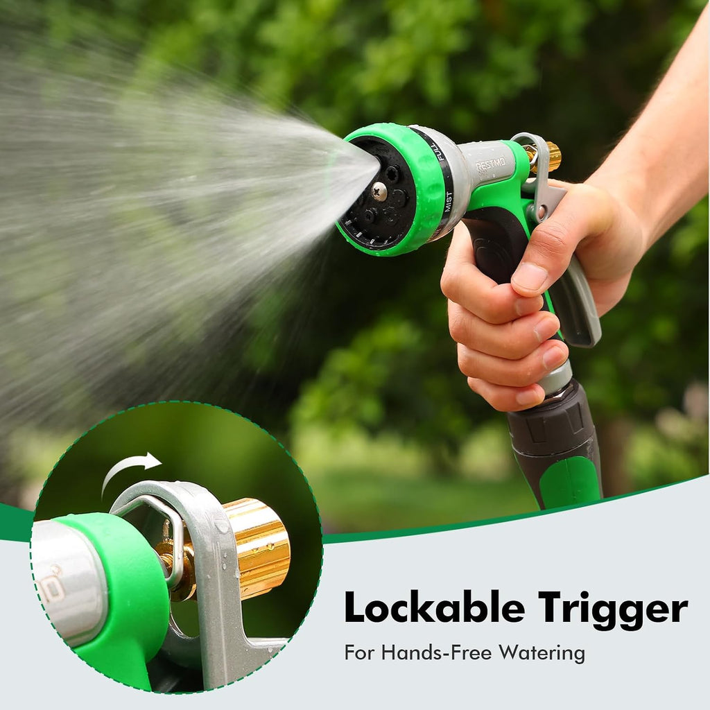 RESTMO Garden Hose Nozzle Heavy Duty, Rear Trigger Water Sprayer, Green | 7 Adjustable Spray Patterns, Durable Metal