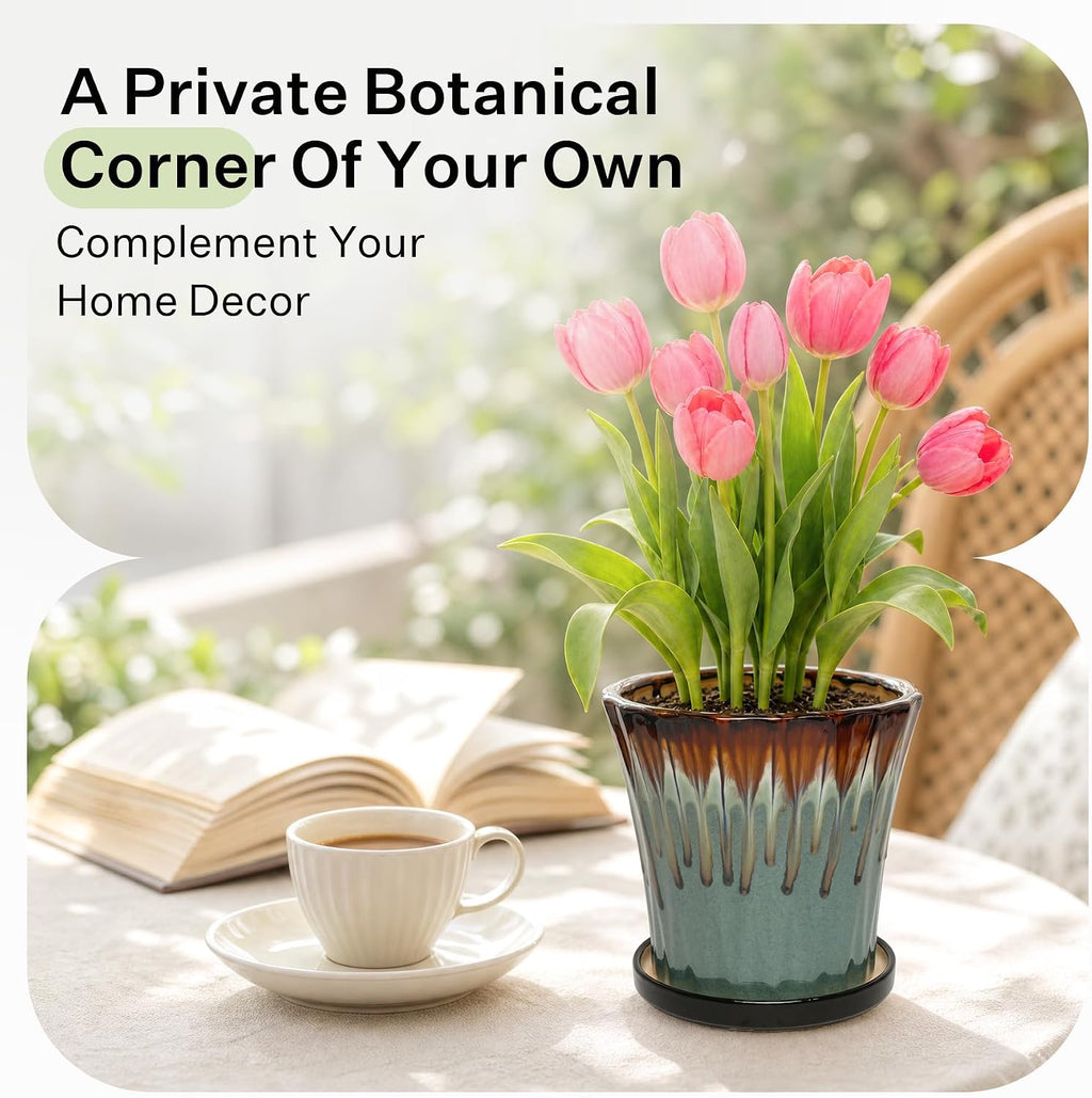 6.6 Inch Ceramic Planters with Drainage Hole and Saucer,Indoor Outdoor Large Flower Pots, Garden Pot for Plant Lovers