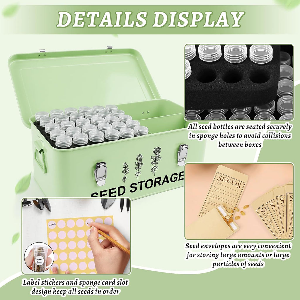 60 Slots Seed Storage Organizer, Metal Seed Box with Lid and Safety Locks | Bamboo, Strong Seal, Completely Blocks