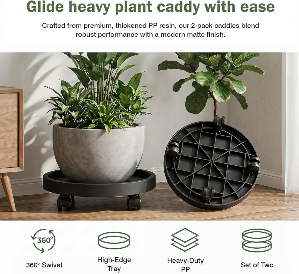 2 Pack Plant Caddy with Wheels, 12.6 inch Rolling Plant Stands | Round Plant Stand Dolly for Outdoor Indoor Heavy