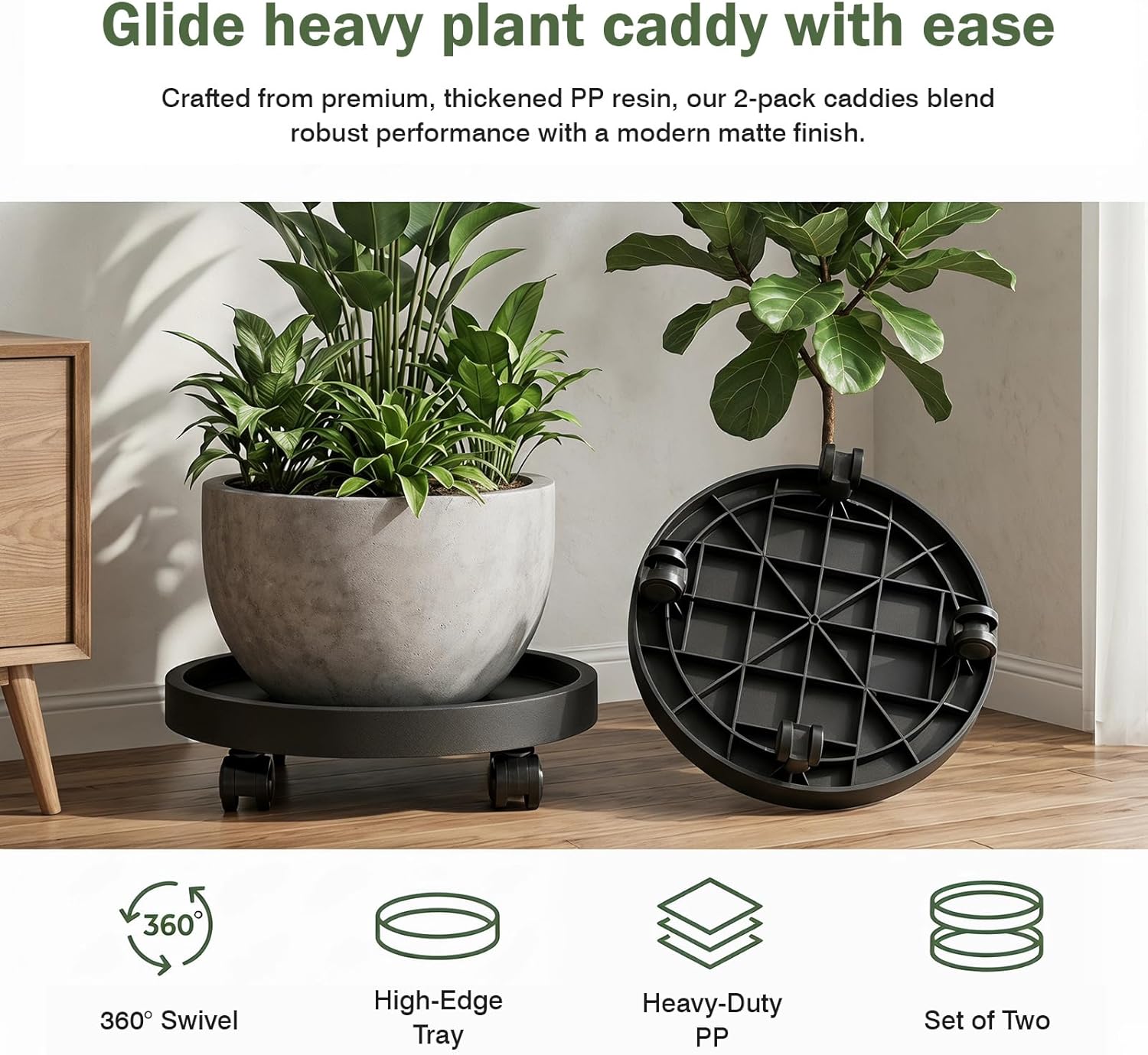 2 Pack Plant Caddy with Wheels, 12.6 inch Rolling Plant Stands | Round Plant Stand Dolly for Outdoor Indoor Heavy