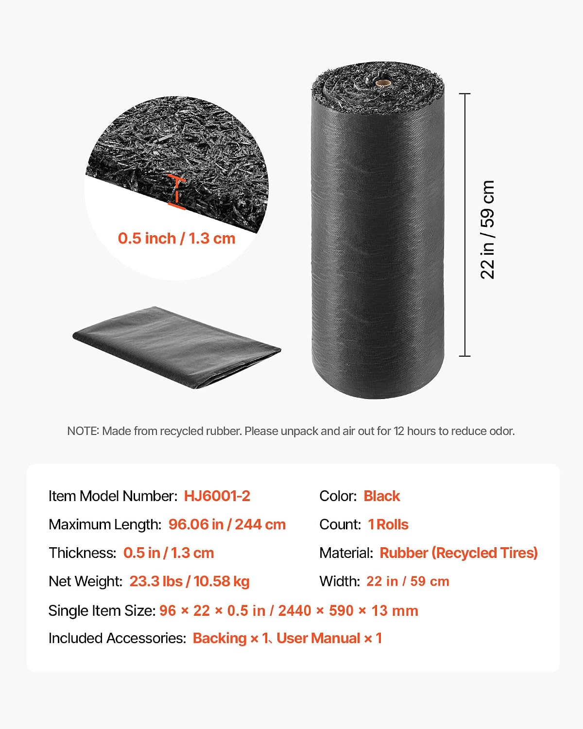 VEVOR Rubber Mulch Mat Roll, 96 x 22 in Recycled Rubber Mulch Mat, 0.5 Thick Cuttable, Reduced Weed Growth