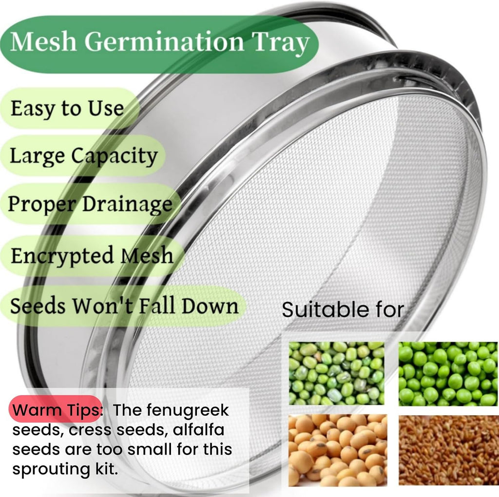 Tlence 9" Stackable Stainless Steel Seed Sprouting Kit, 3-Tier Mesh Germination Tray, Seed Sprout Grower with Lid Base