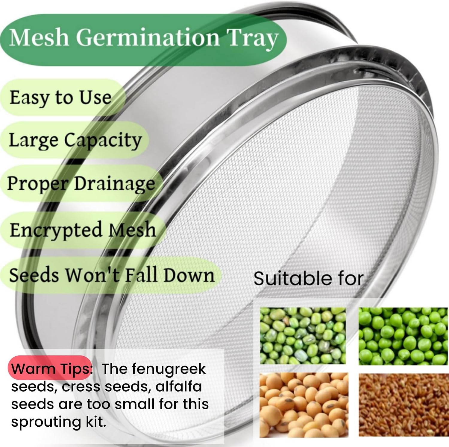 Tlence 9" Stackable Stainless Steel Seed Sprouting Kit, 3-Tier Mesh Germination Tray, Seed Sprout Grower with Lid Base