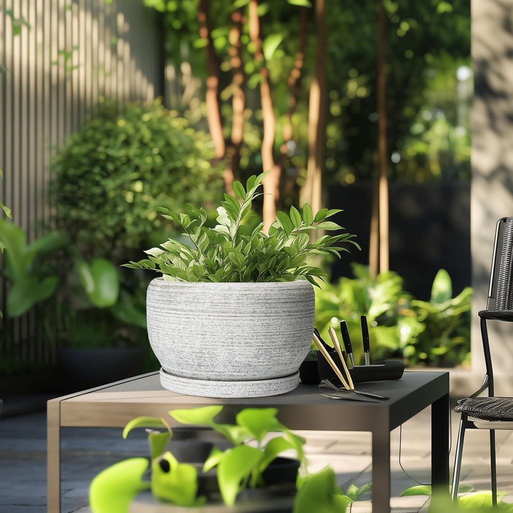 SQOWL Ceramic Flower Pots - 10 Inch Plant Pot Indoor with Drainage Hole and Saucer, Modern Ceramic Planter Outdoor