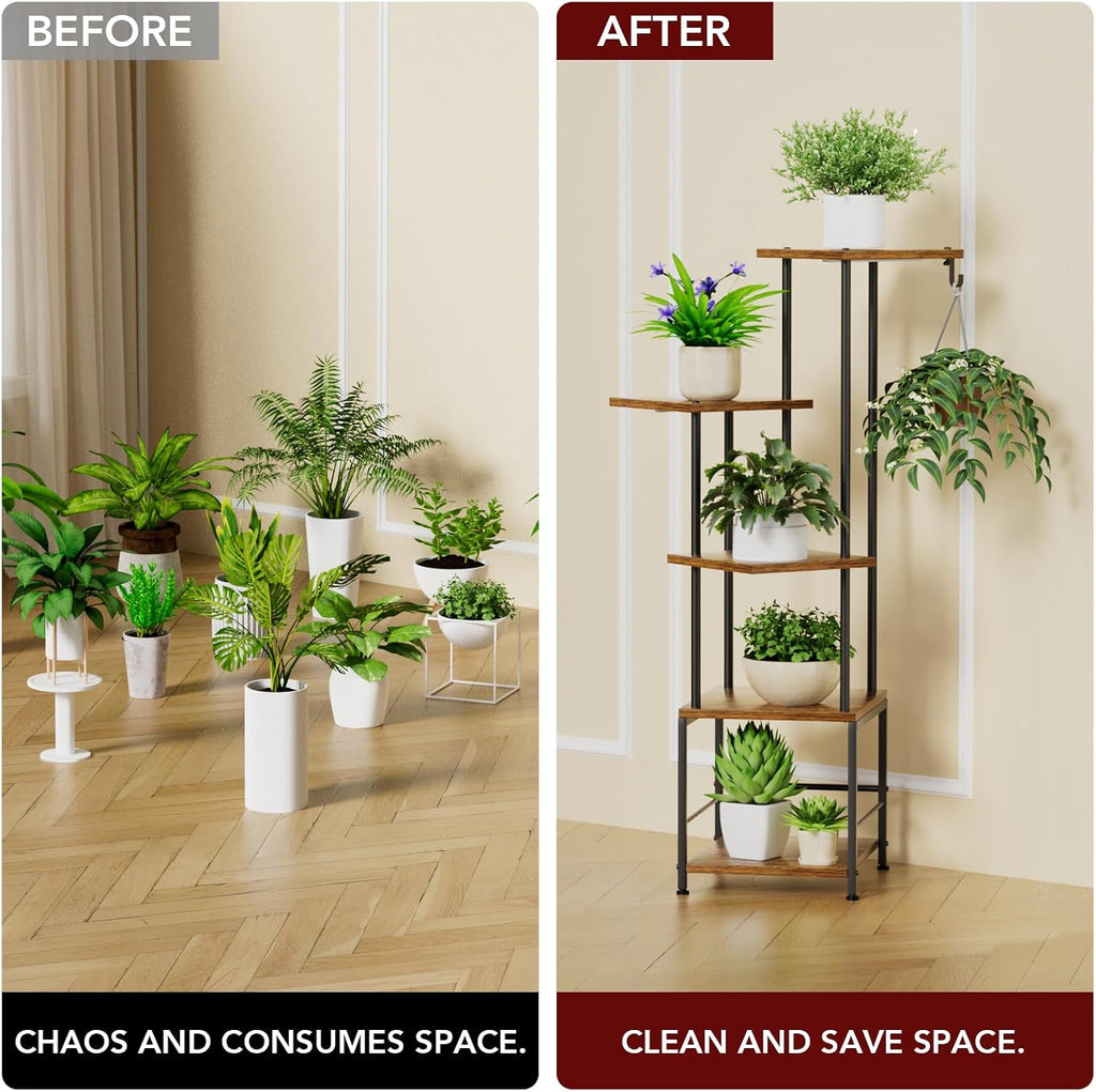 Plant Stand Indoor with Grow Light - 5-Tier Metal Plant Shelf with Hanging Basket Hook, Corner Tall Flower Holder for