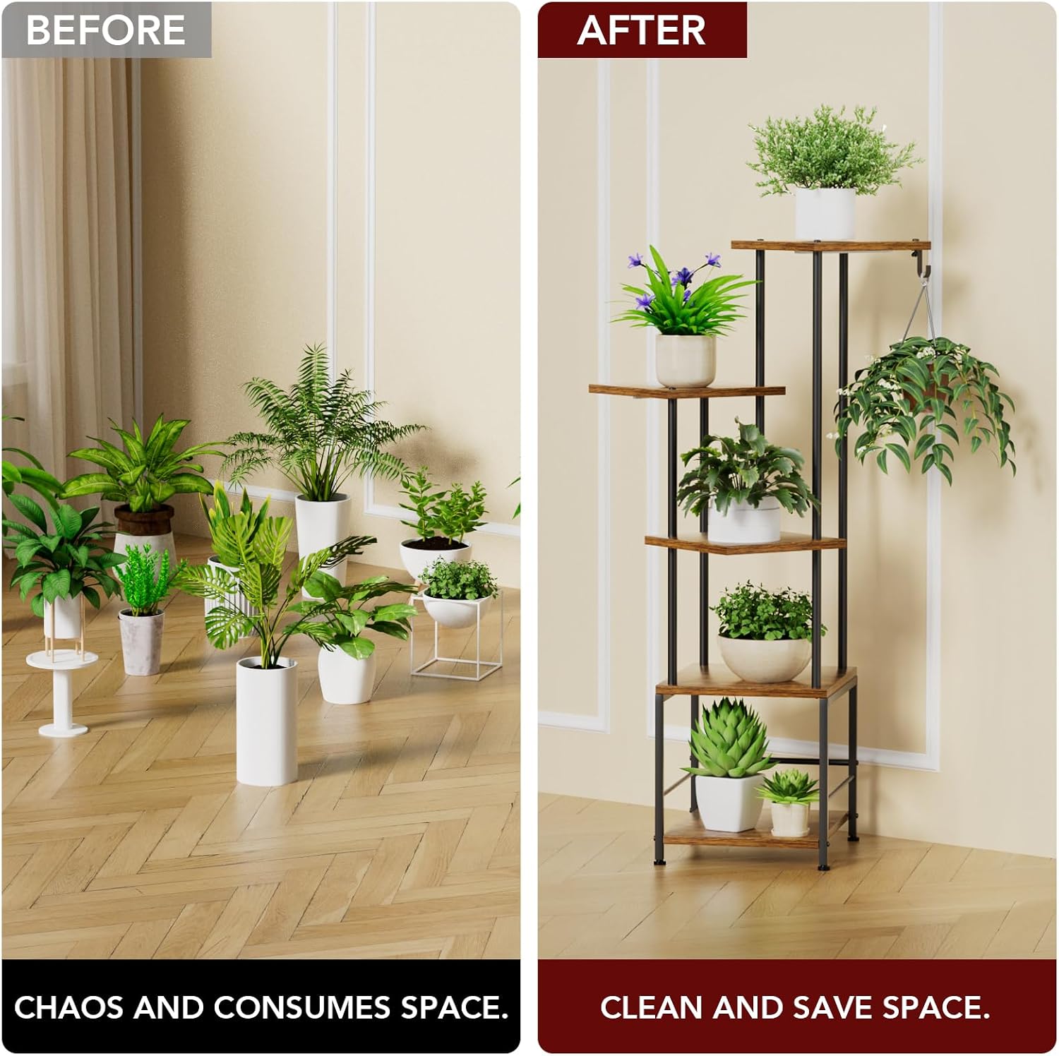 Plant Stand Indoor with Grow Light - 5-Tier Metal Plant Shelf with Hanging Basket Hook, Corner Tall Flower Holder for