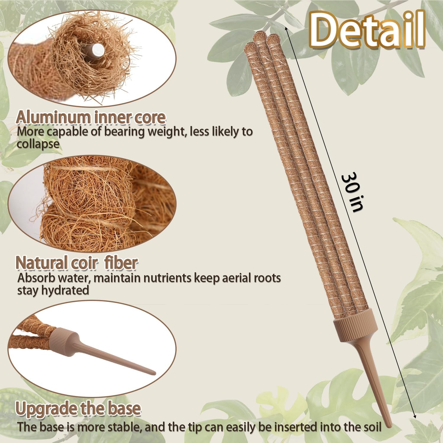 3 Moss Poles in 1, 30IN Tall Bendable Monstera Plant Support-2 Pack | 3 Integrated Coir Pole for Indoor Plants, Moss