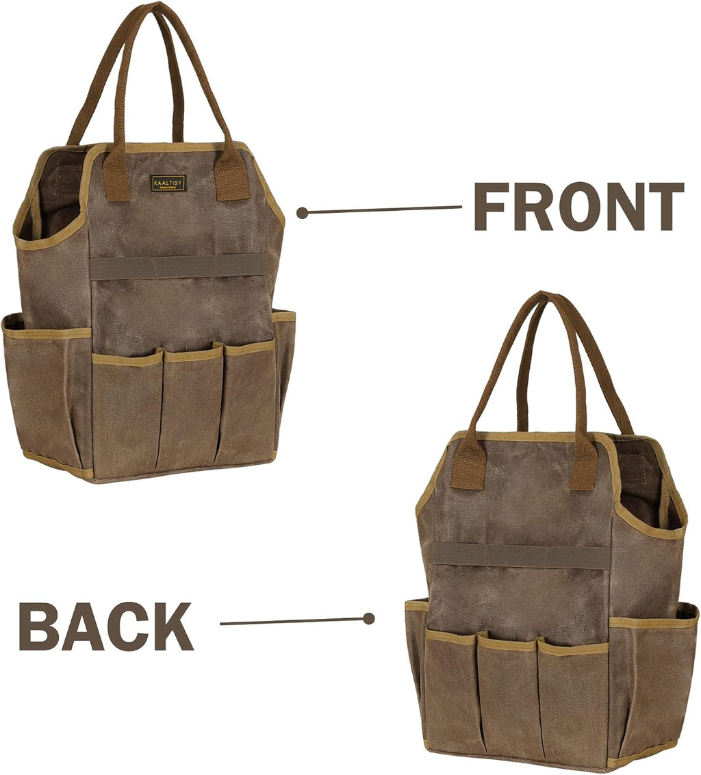 Canvas Garden Tool Bag, 16OZ Waxed Canvas Garden Tools Storage Tote - with 3 Inner Slots + 8 Outer Pockets