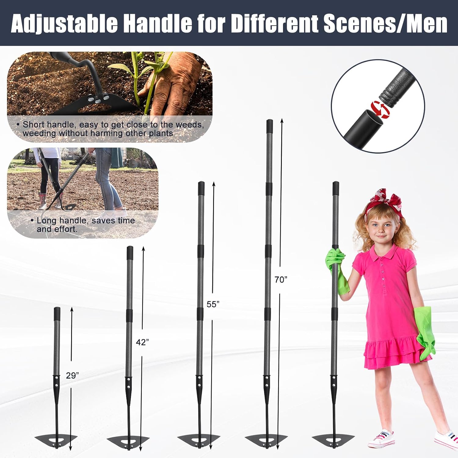 70 Inch Garden Hoe, Heavy Duty Metal Weeding Hoe Tool for Standing, Loosening Soil, Digging, Planting & Ridging