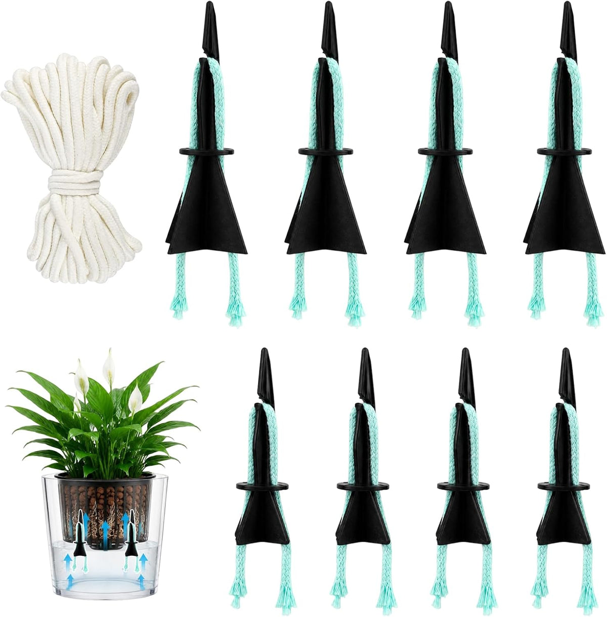 8 Pack Self Watering Spikes, 4 Small + 4 Large Automatic Plant Watering Stakes with 19.7ft Capillary Wick Rope for Indoor Outdoor Plants, DIY Vacation Waterer for Potted Plant Seedling Garden Pot