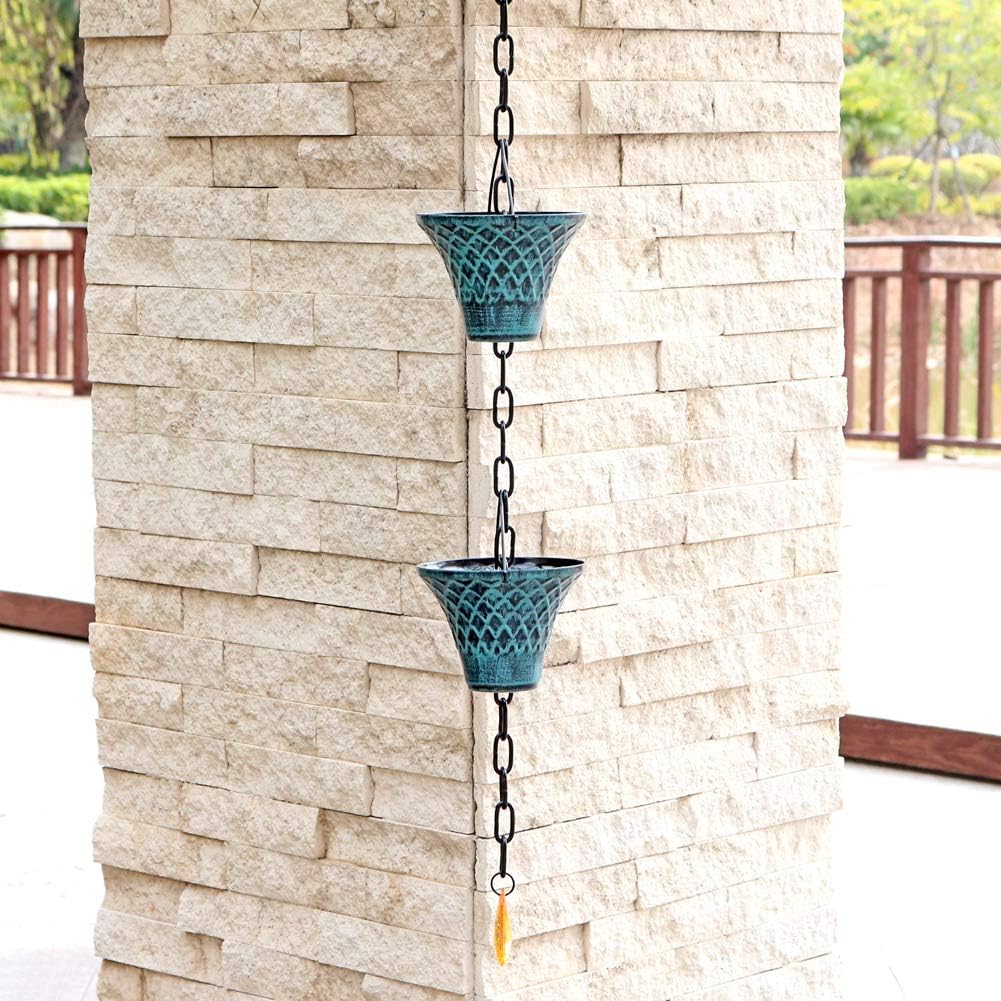 Rain Chains for Gutters Outside Downspouts Rain Catcher Diverter Metal Blue Plaid Outdoor Decorative, 8.5 FT