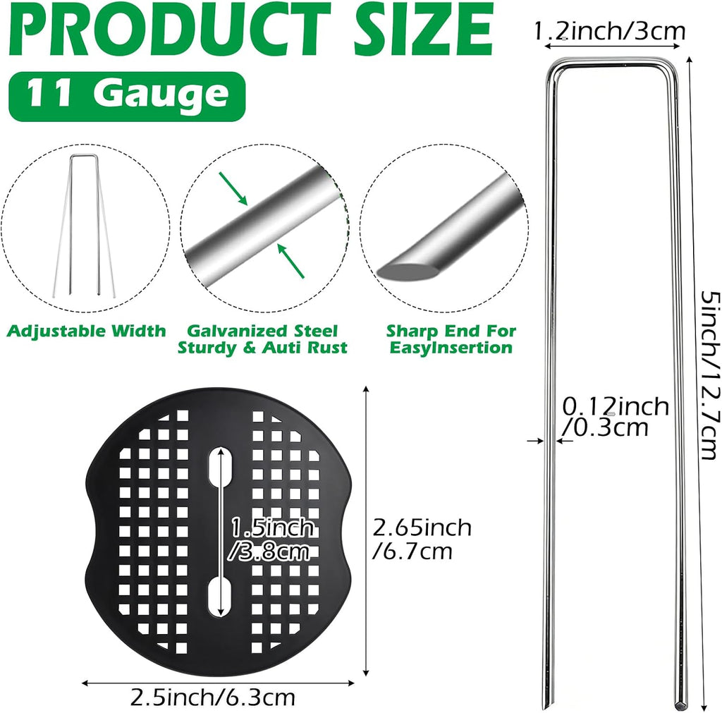 100 Pack Landscape Staples and 100 Pack Gaskets,11 Gauge 12" Galvanized Steel Garden Staples with Black Pads Turf