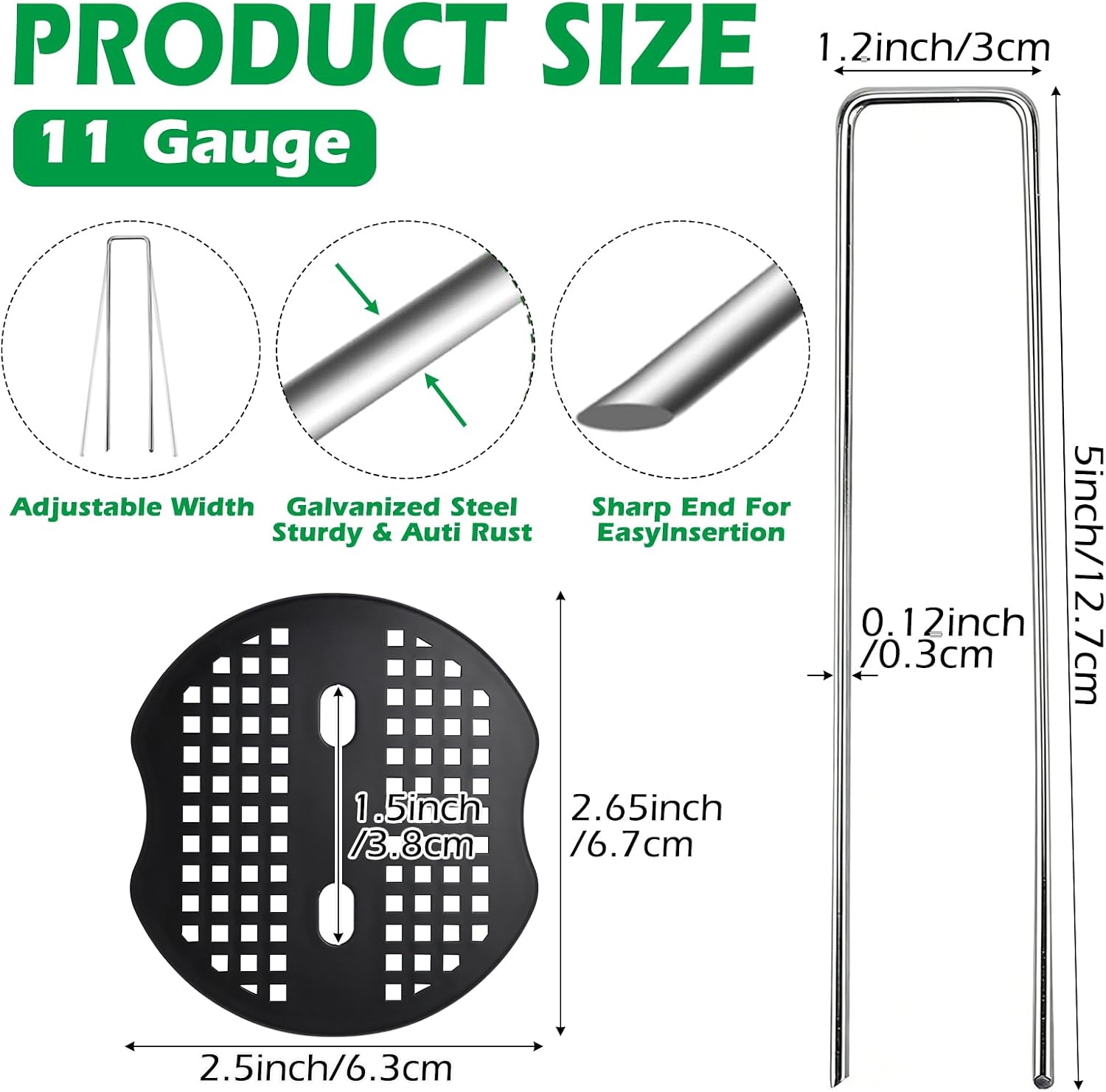 100 Pack Landscape Staples and 100 Pack Gaskets,11 Gauge 12" Galvanized Steel Garden Staples with Black Pads Turf