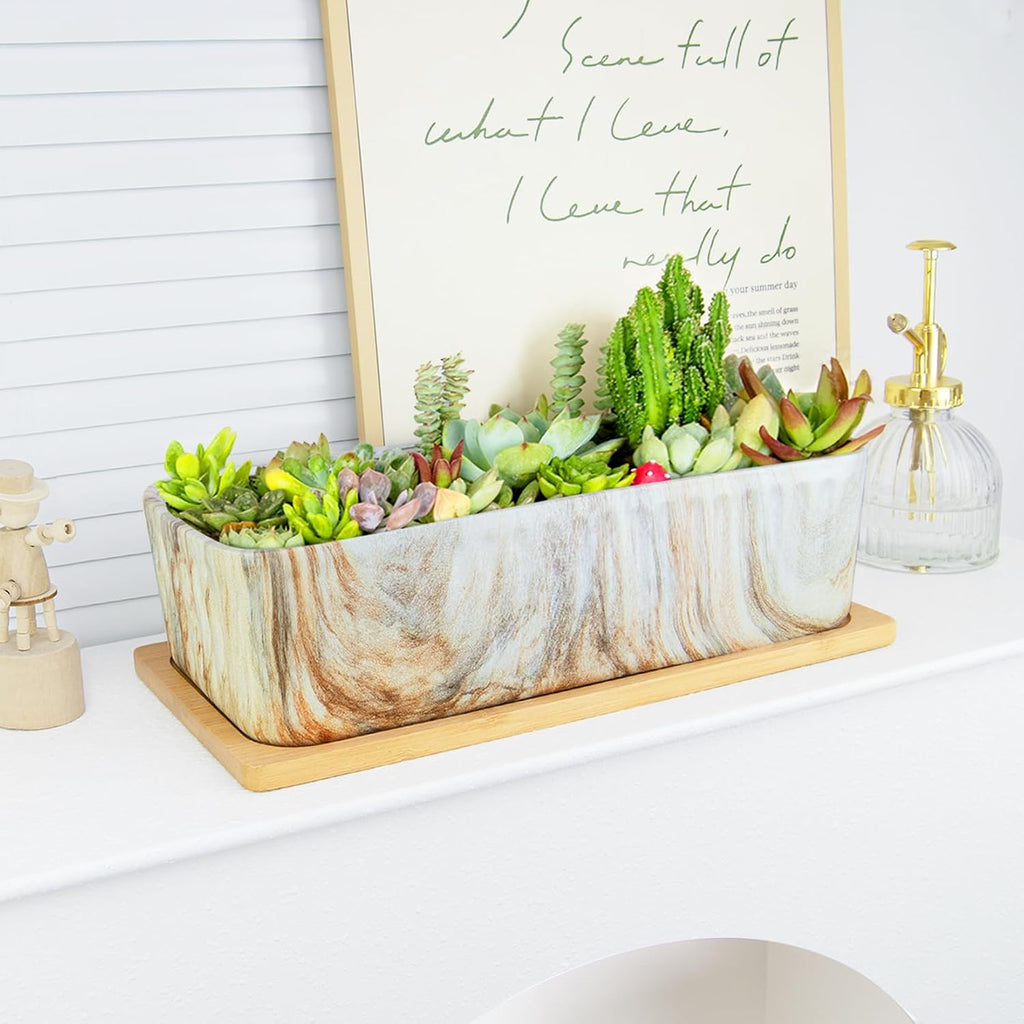 ARTKETTY 12'' Large Long Rectangular Planter, Ceramic Succulent Pots with Drainage Tray, Shallow Windowsill Succulent