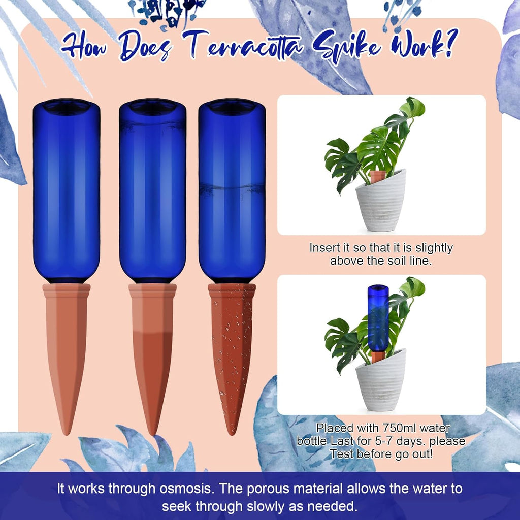 Teenyyou 12 Pcs Watering Spikes for Indoor Plants Include Terracotta Self Watering Spikes Devices and 26 oz Plastic