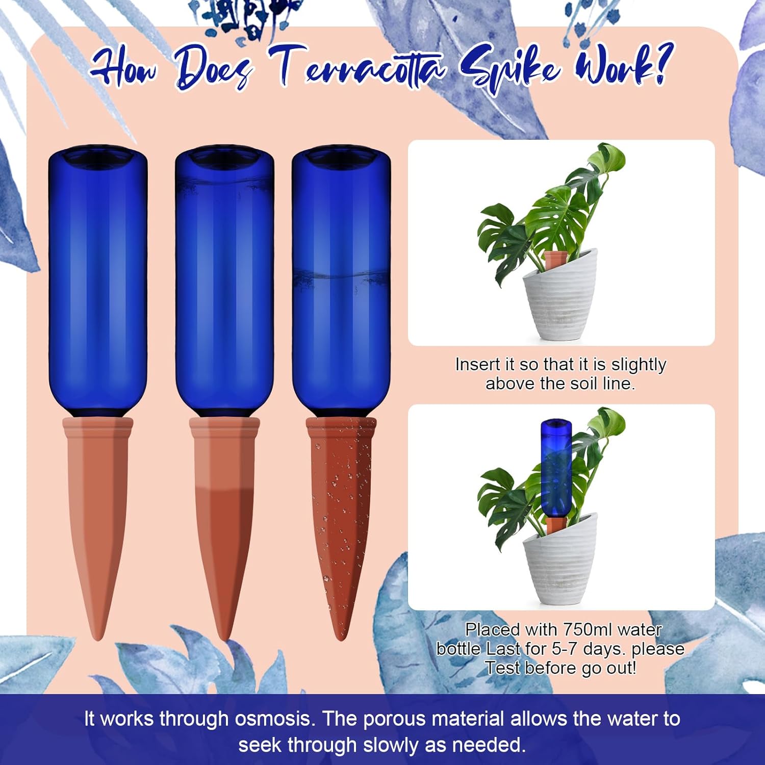 Teenyyou 12 Pcs Watering Spikes for Indoor Plants Include Terracotta Self Watering Spikes Devices and 26 oz Plastic