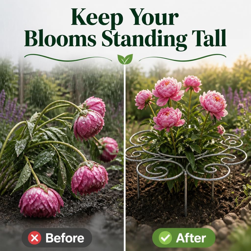 Metal Plant Support Ring for Garden, Heavy Duty Green Flower Hoop with Gardening Gloves, Peony Cage Stand for Outdoor