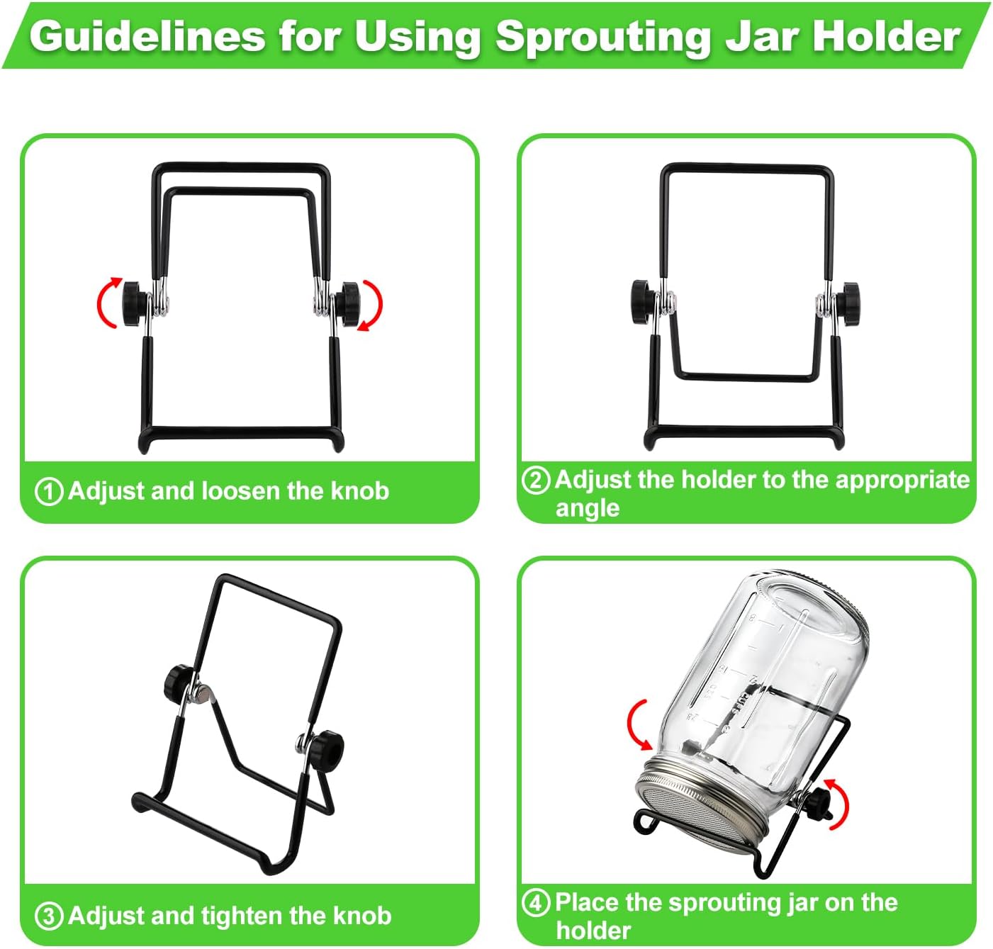 Sprouting Jar Kit 4 PCS 1000ml(35oz) Wide Mouth Mason Jars with 304 Stainless Steel Sprout Lids Drain Tray Stainless