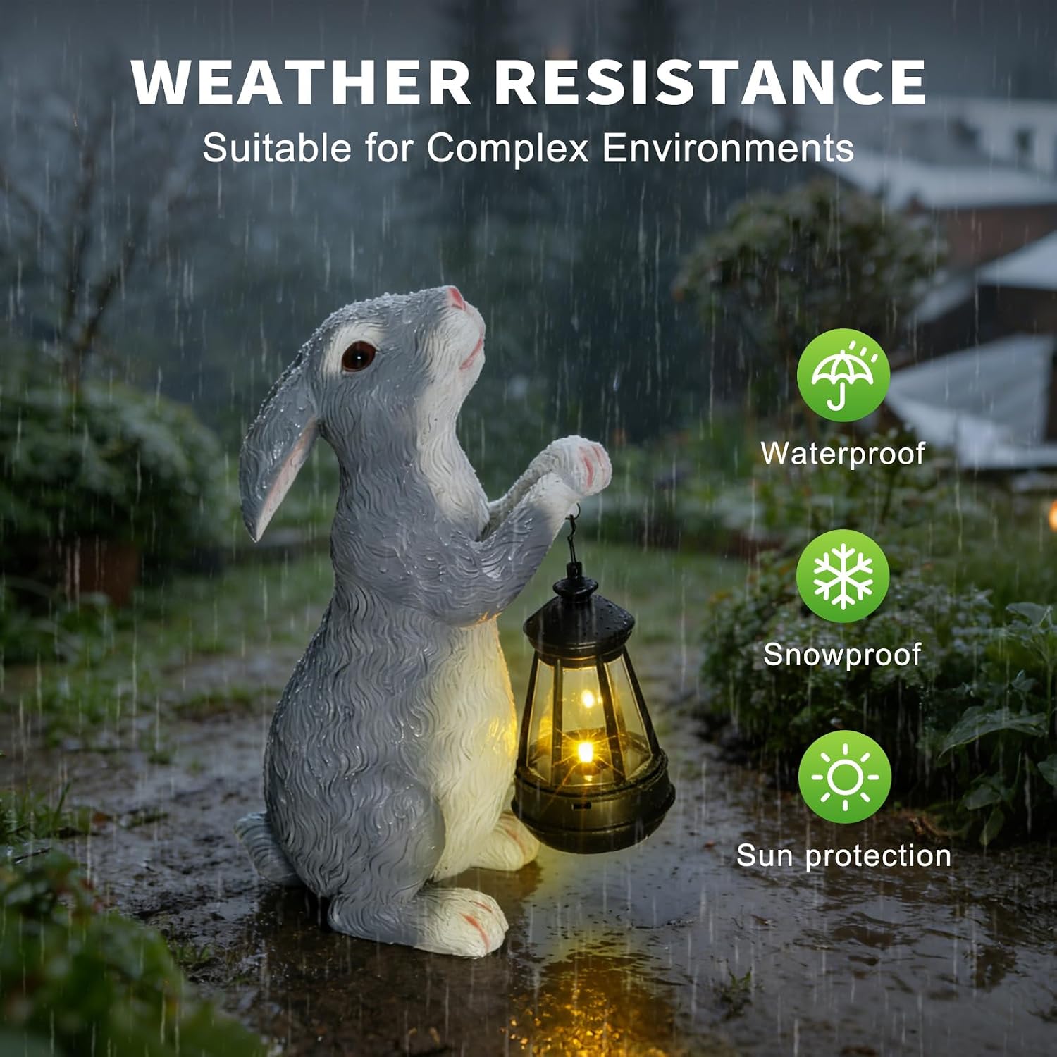 11.8 Inch Solar Rabbit Statue with Glowing Lantern, Handcrafted Resin Easter Bunny Figurine, Waterproof Outdoor Garden