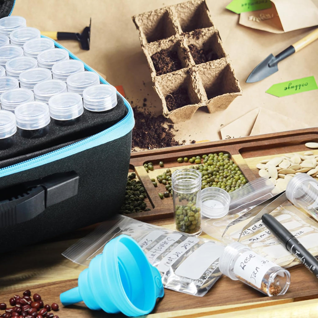 Portable 140 Slots Seed Storage Organizer, Large Capacity with 25 PCS Zipper Envelopes Bag, Label Stickers, Seed
