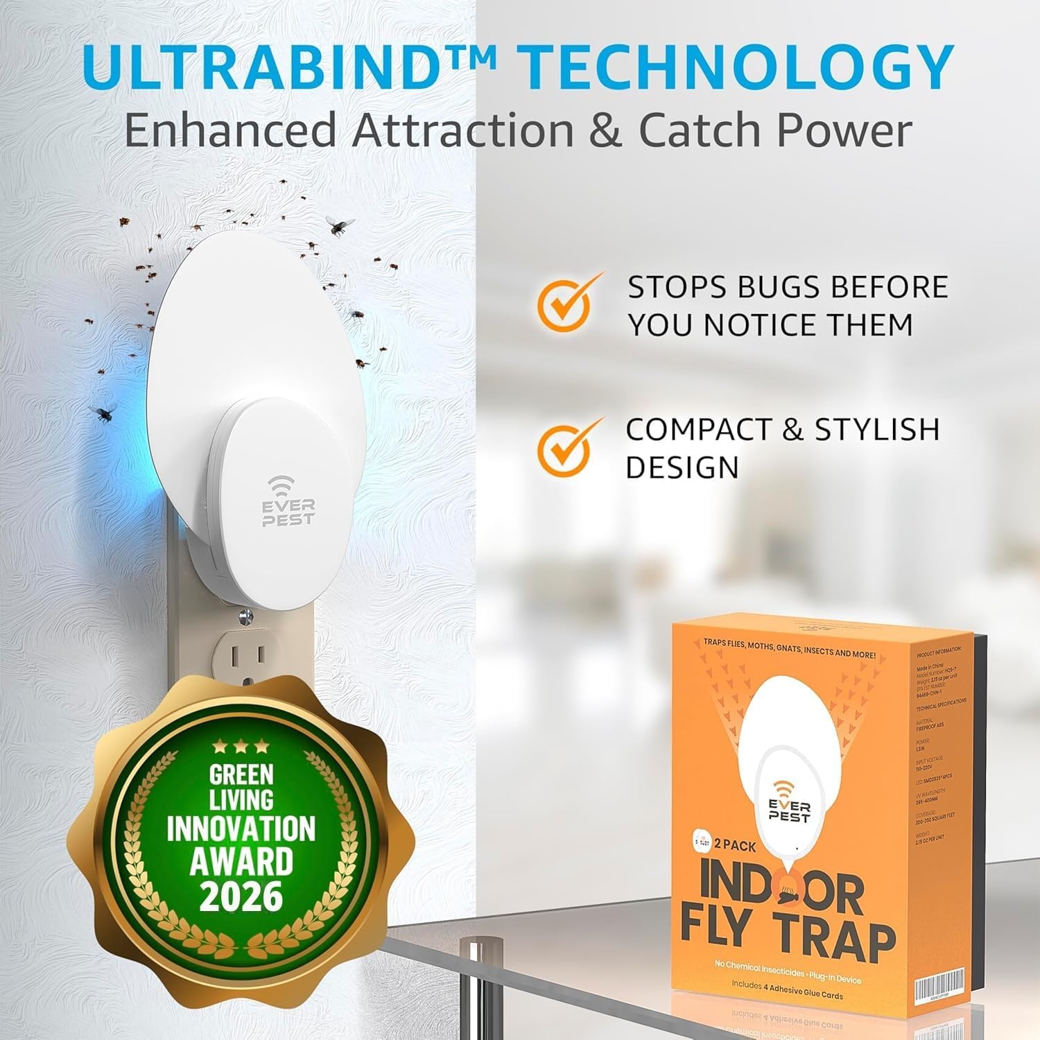 Indoor Electric Fly Trap (2-Pack) – Plug-in Insect Catcher with 4 Glue Cards for Fruit Flies, Gnats, Moths & Mosquitoes